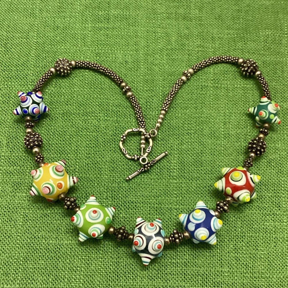 Lampwork glass beaded necklace whimsical multicolored silvertone eclectic boho